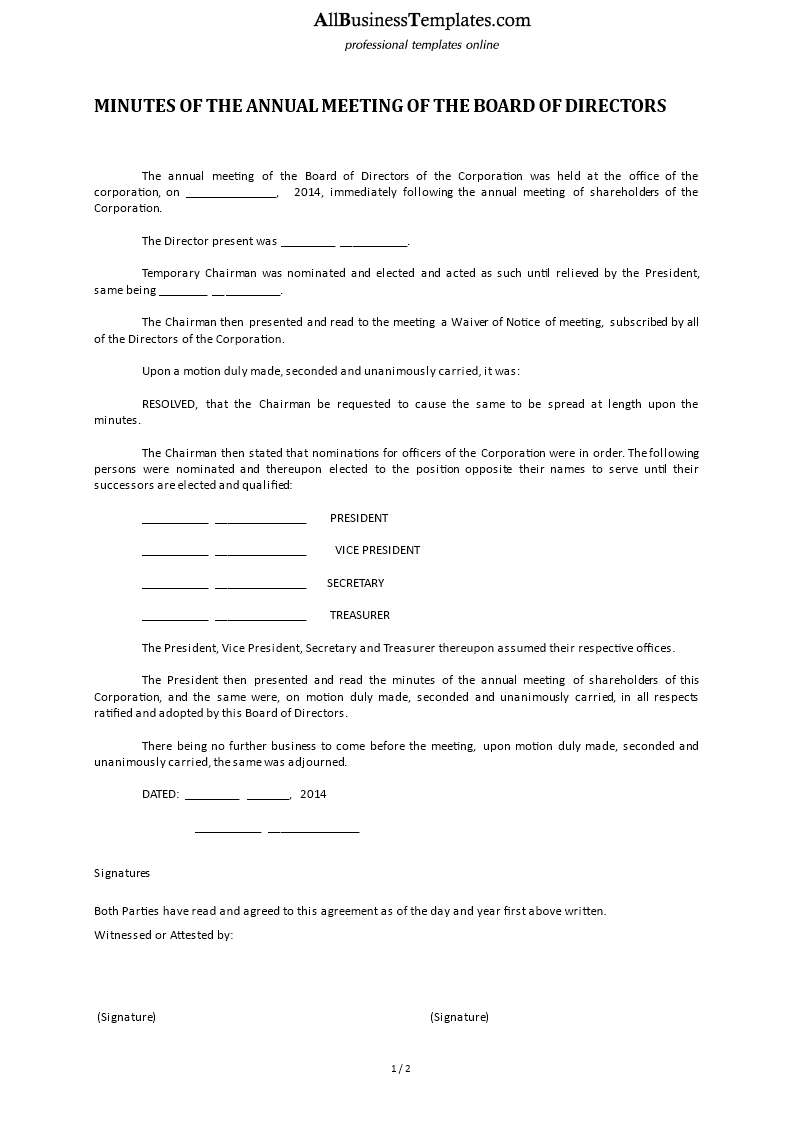 meeting minutes board of directors annual meeting template