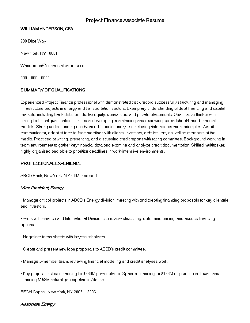 project finance associate resume sample voorbeeld afbeelding 