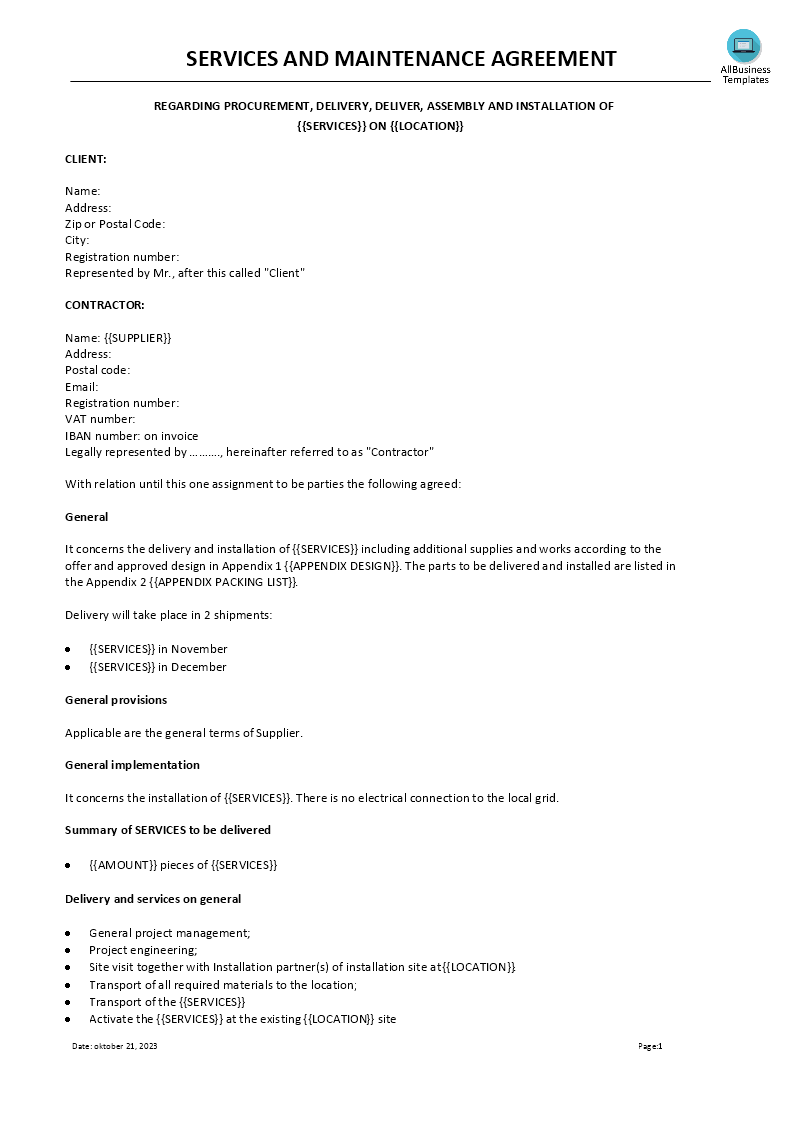 service and maintenance agreement template