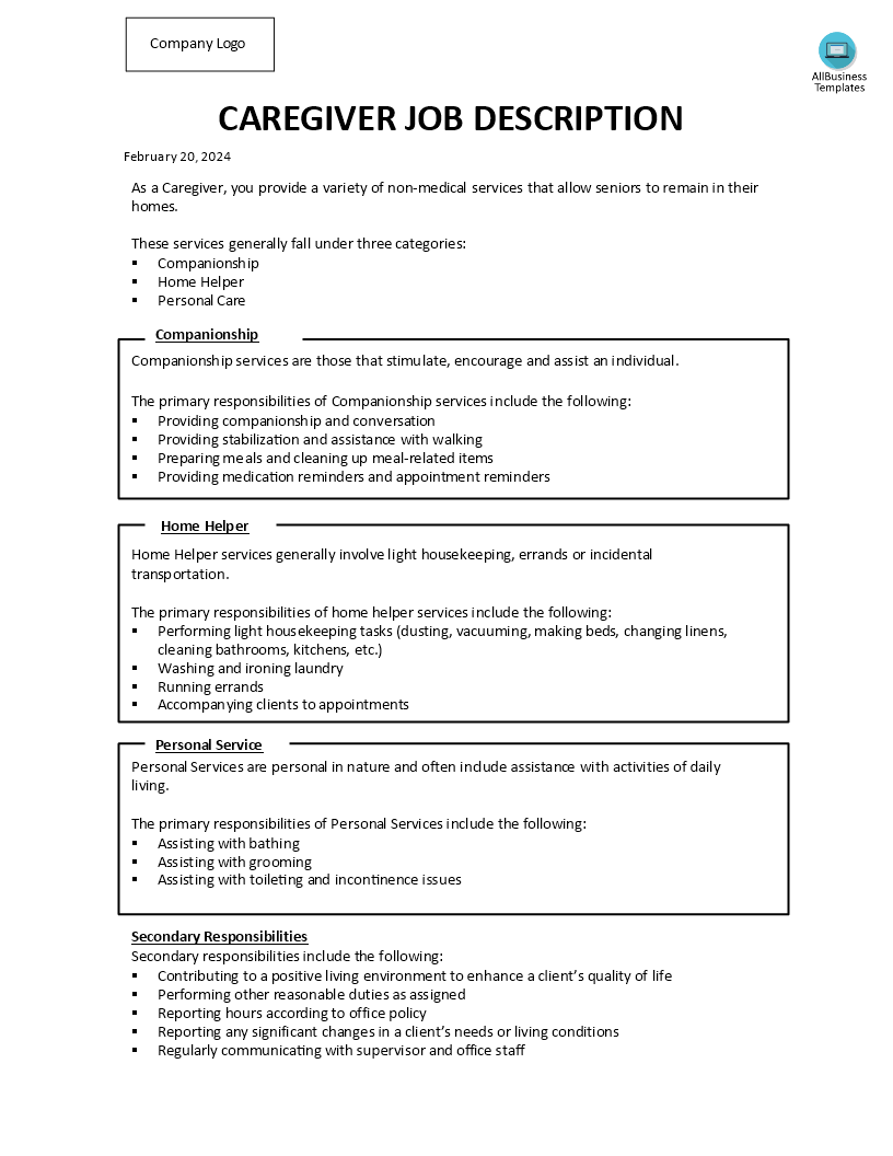 senior caregiver job description template