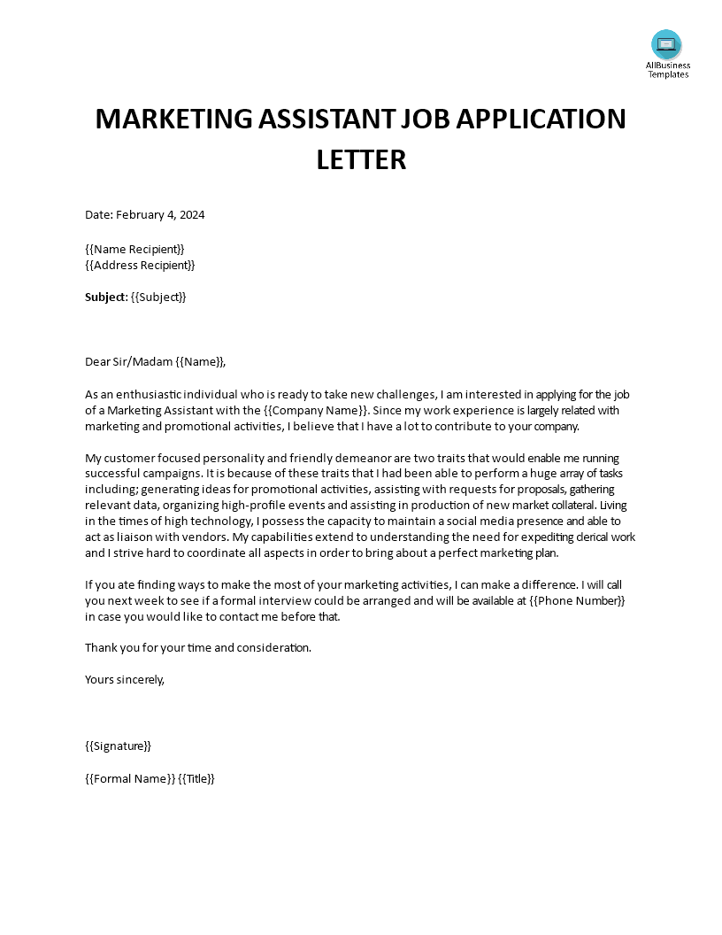 Marketing Assistant Application letter main image