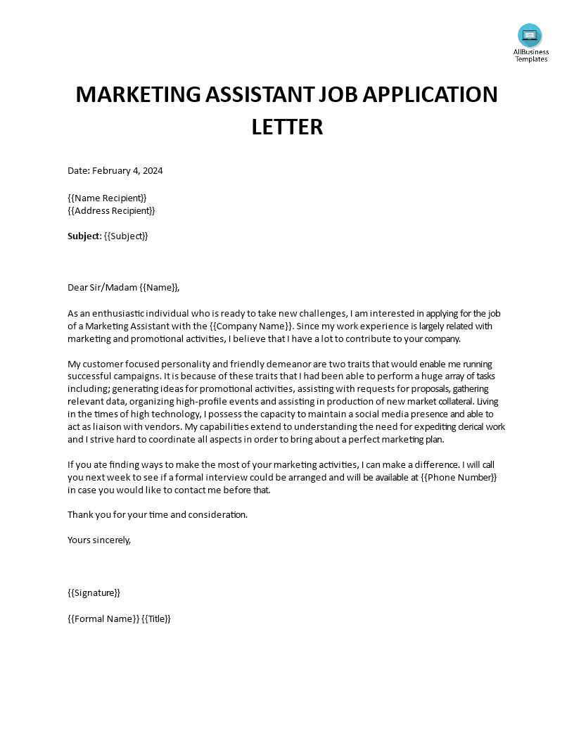 marketing assistant application letter template