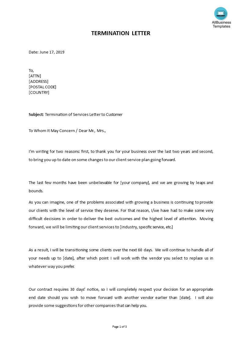 termination of business services letter to customer voorbeeld afbeelding 