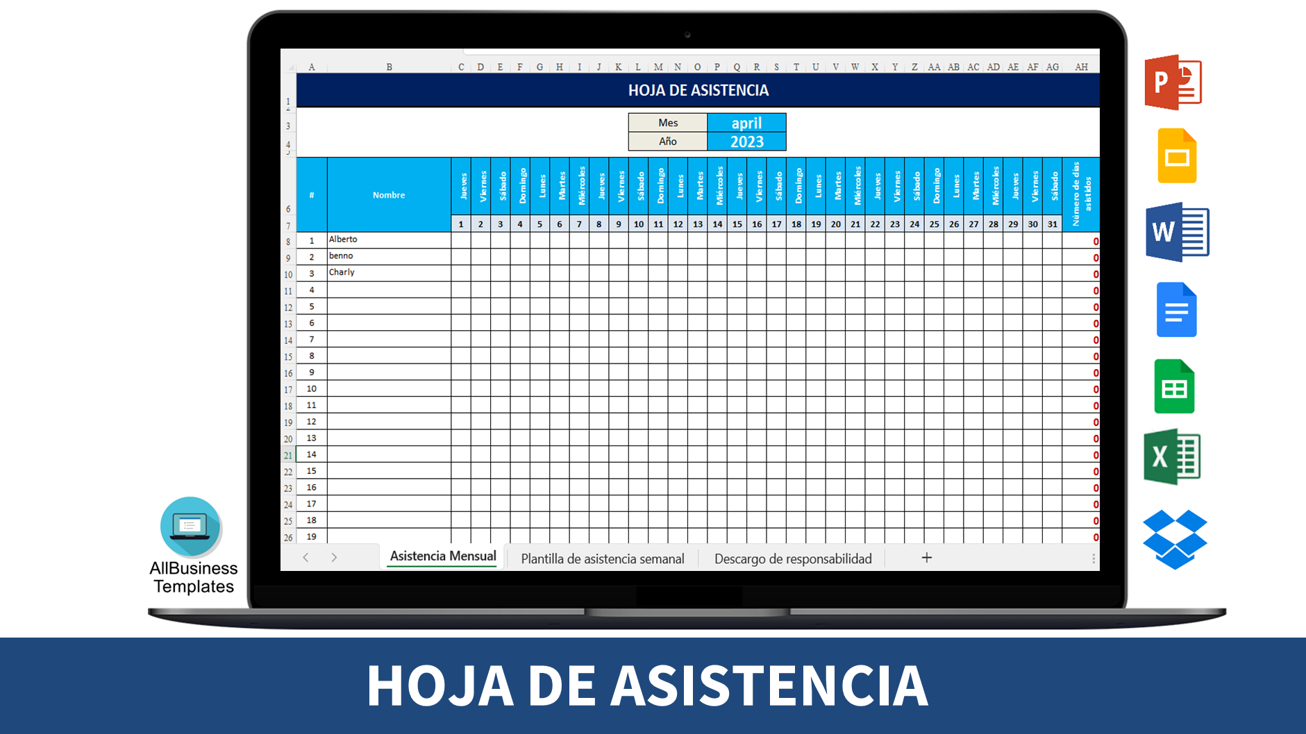 hoja de asistencia modèles