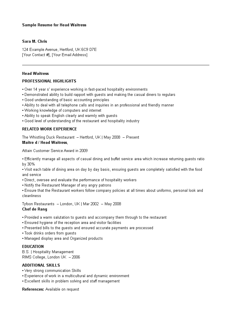 head waitress resume template