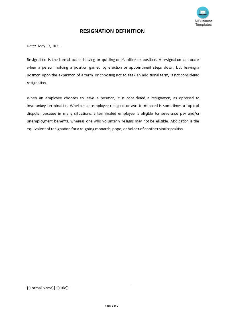 resignation definition template