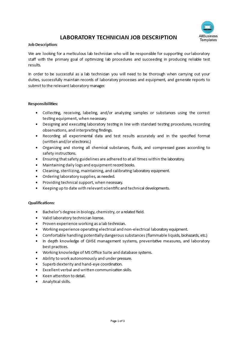 Laboratory Technician Job Description main image