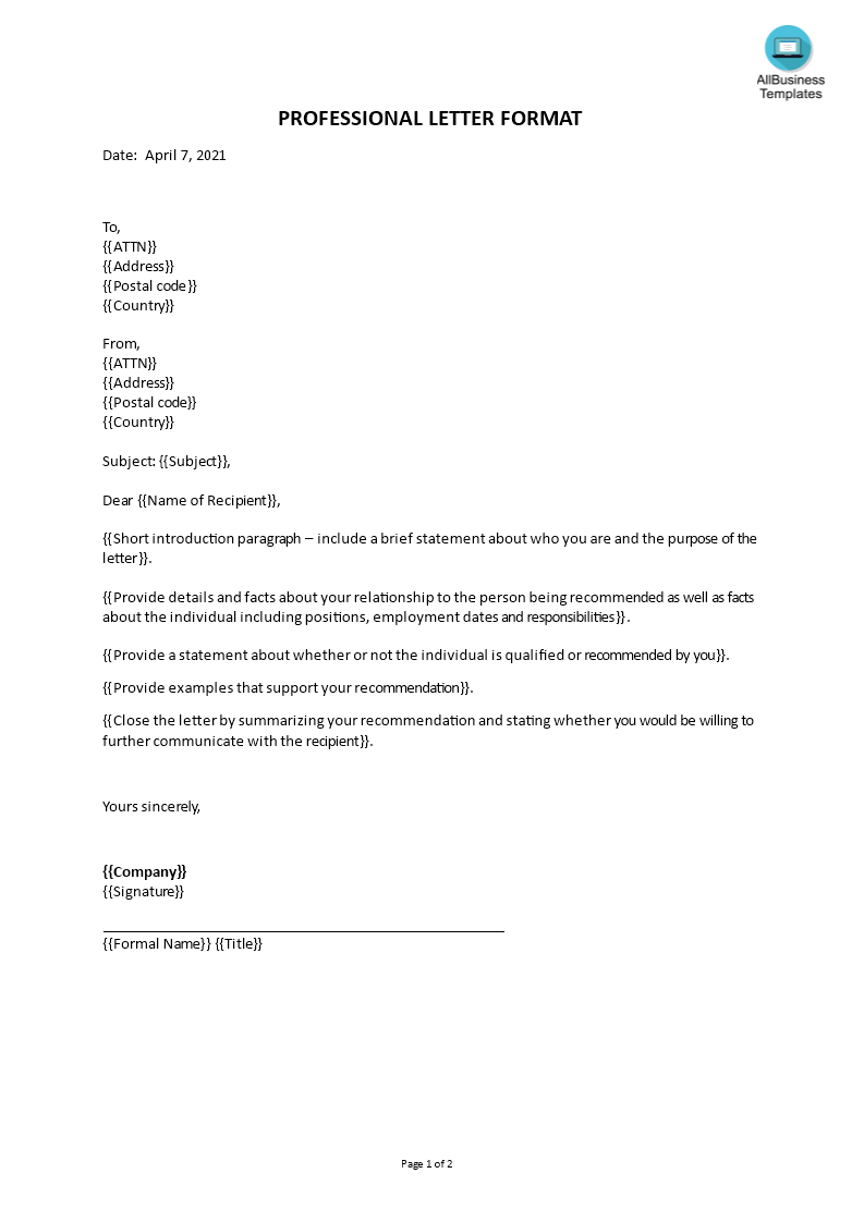 professional letter format voorbeeld afbeelding 