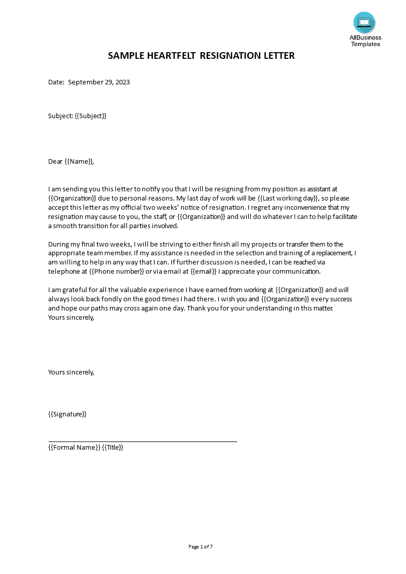 sample heartfelt resignation letter voorbeeld afbeelding 