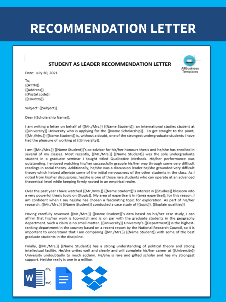 scholarship letter of recommendation template