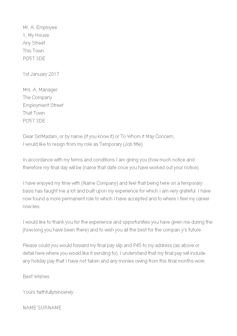 temporary job resignation letter sample template