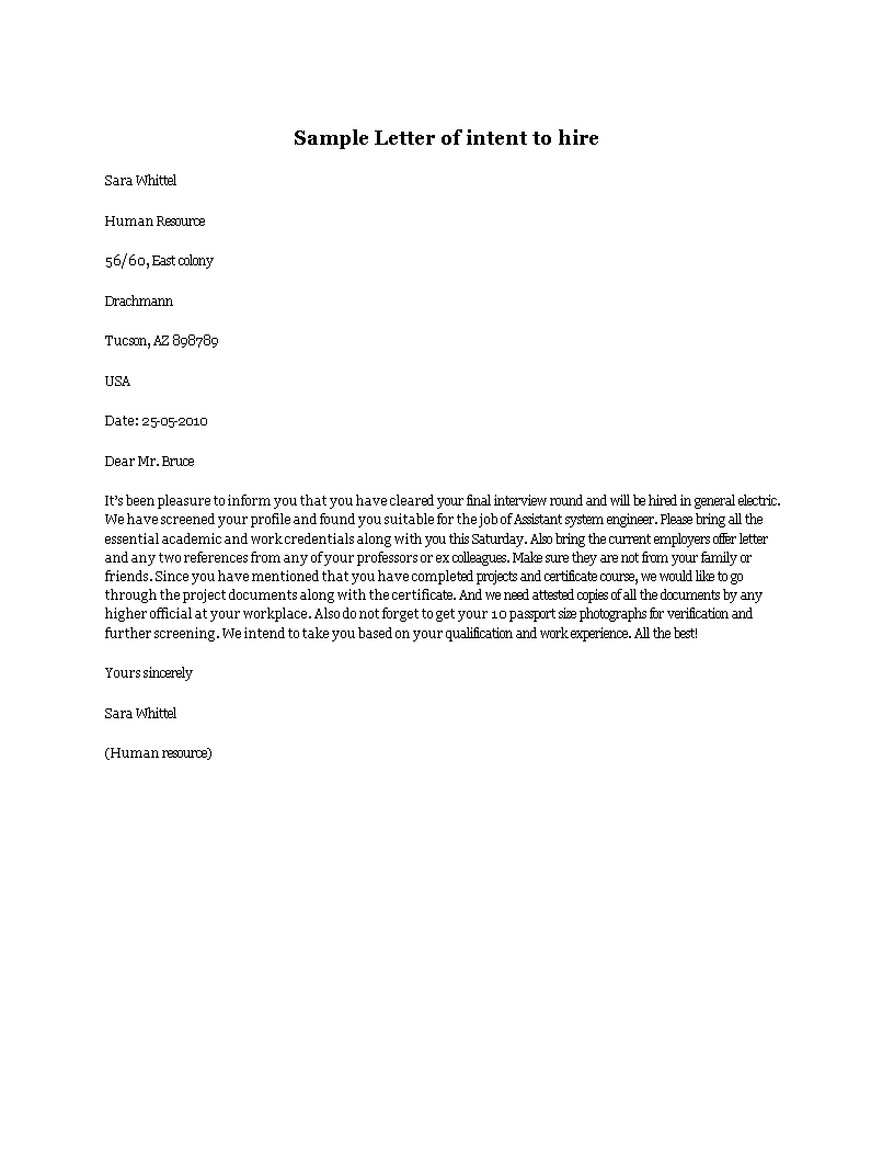 letter of intent to hire template