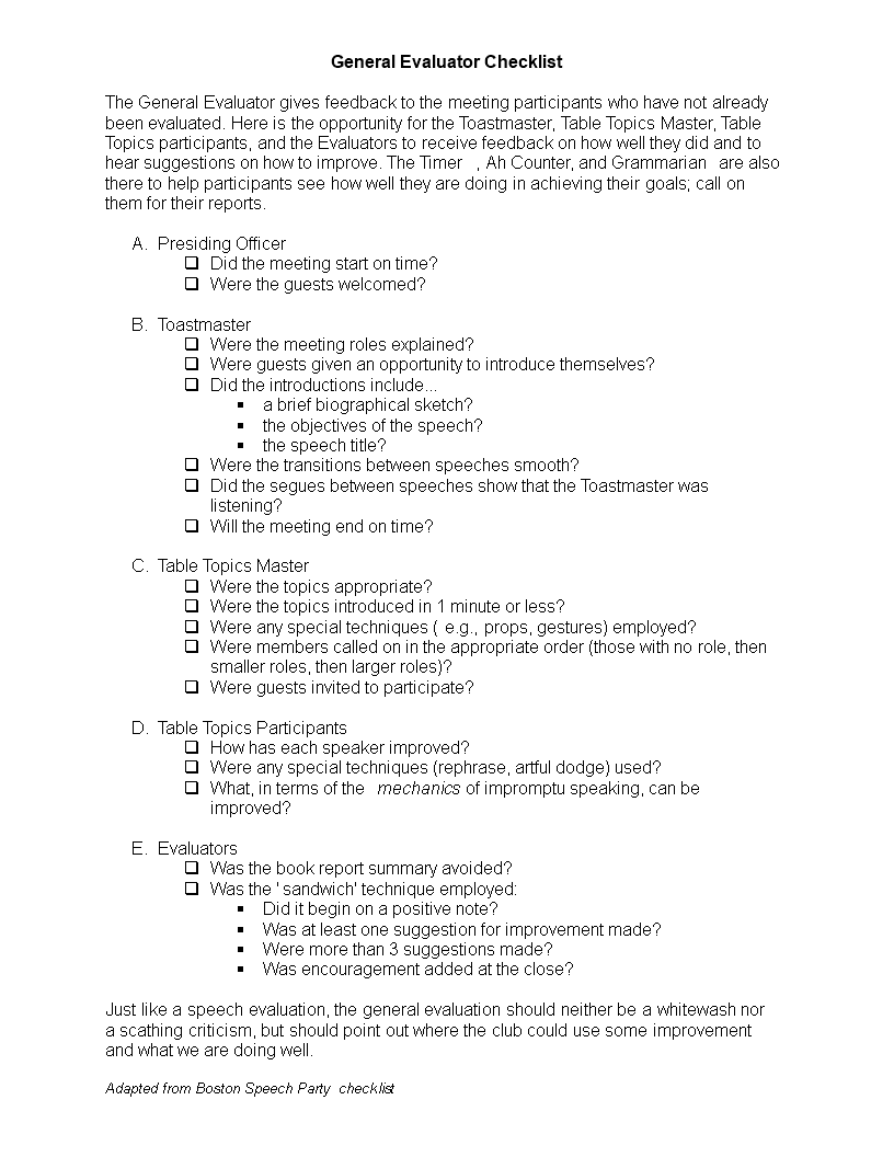 general toastmasters evaluator checklist voorbeeld afbeelding 