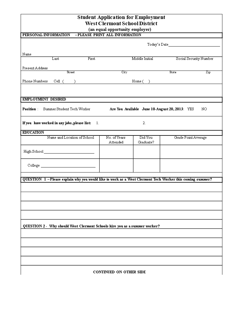 blank job application for student template