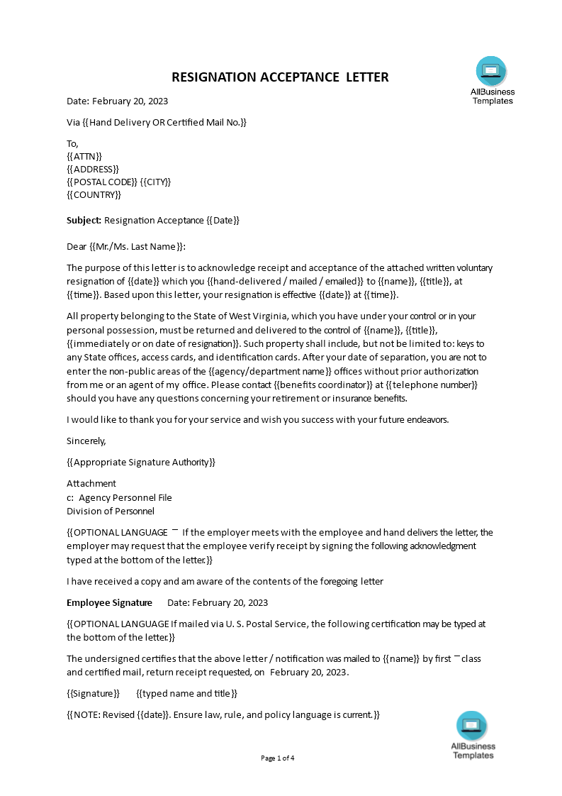 volunteer resignation acceptance letter template