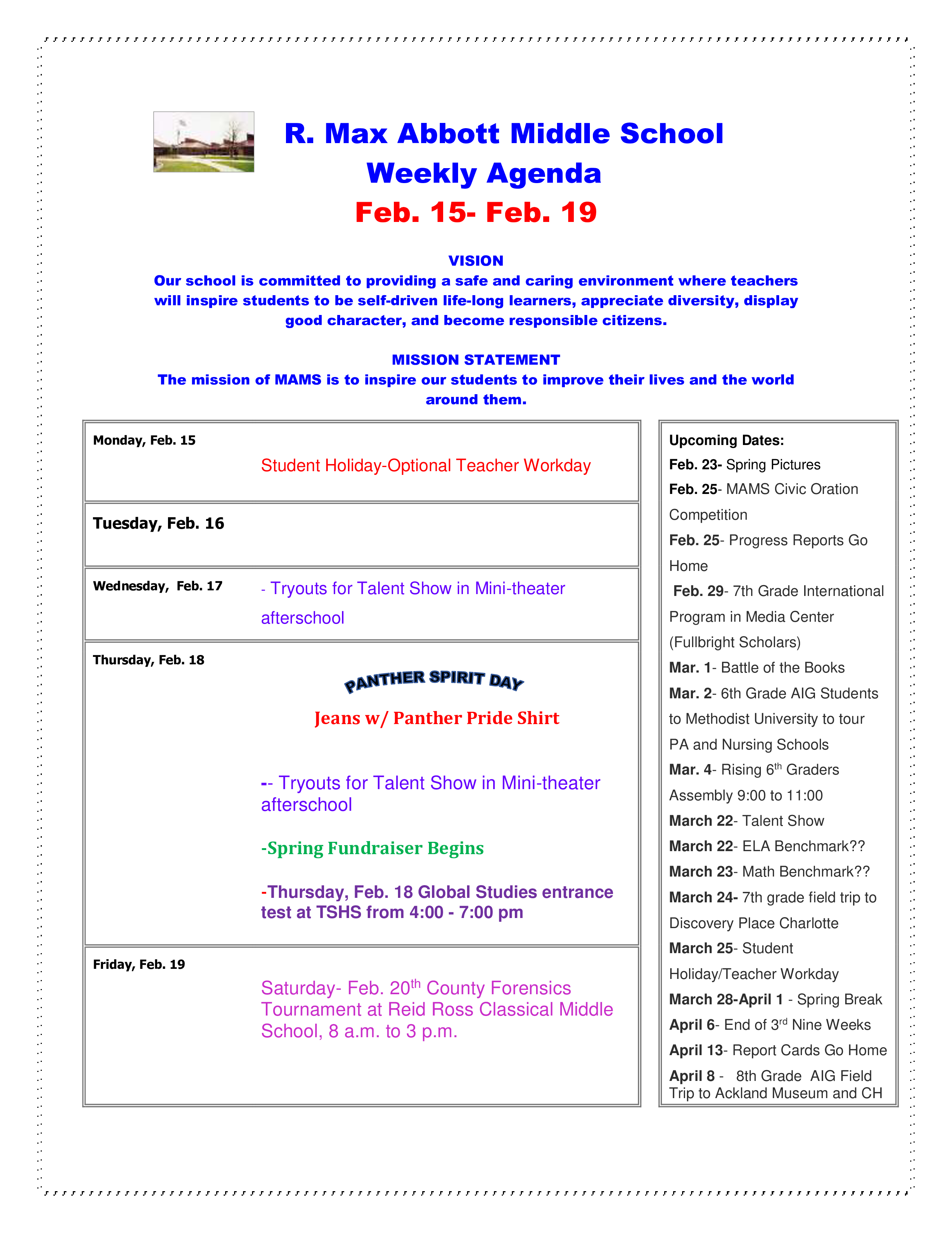 school weekly agenda Hauptschablonenbild