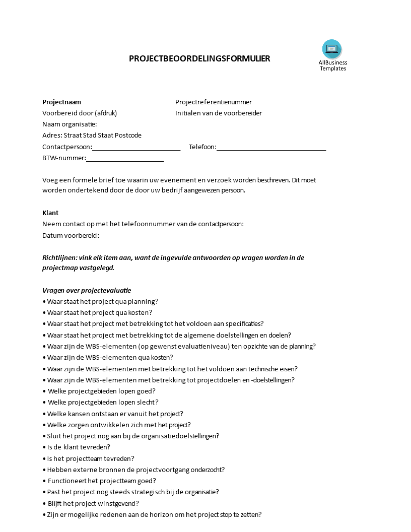 project evaluatie checklist plantilla imagen principal