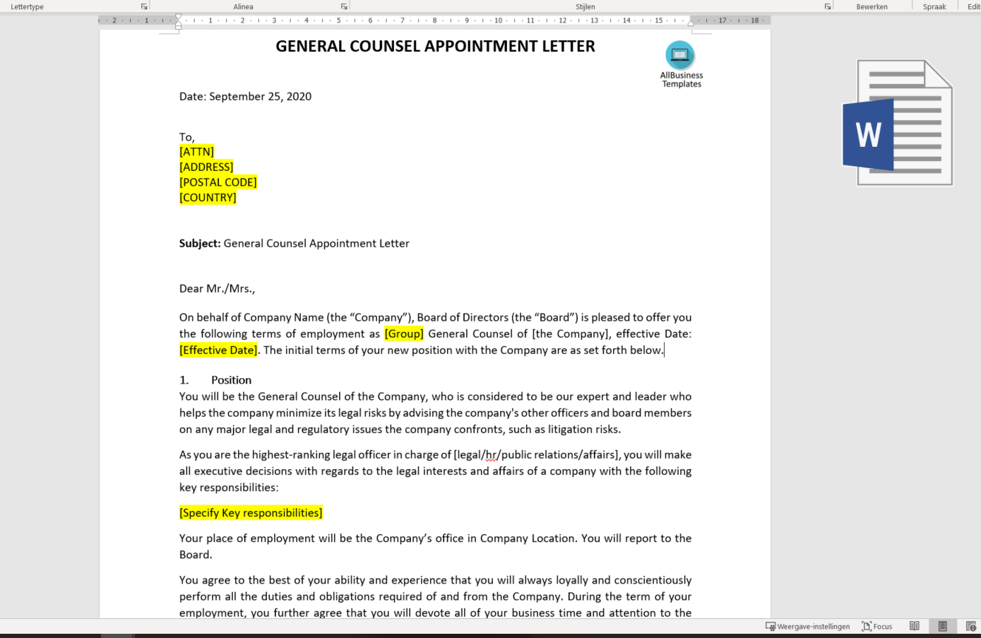 general counsel appointment letter template