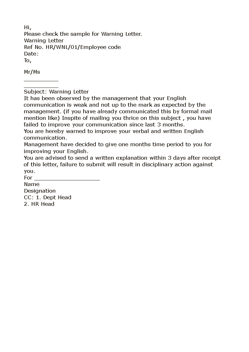 poor performance warning letter format template