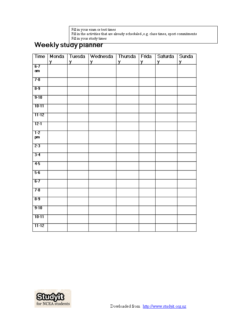 weekly study schedule voorbeeld afbeelding 