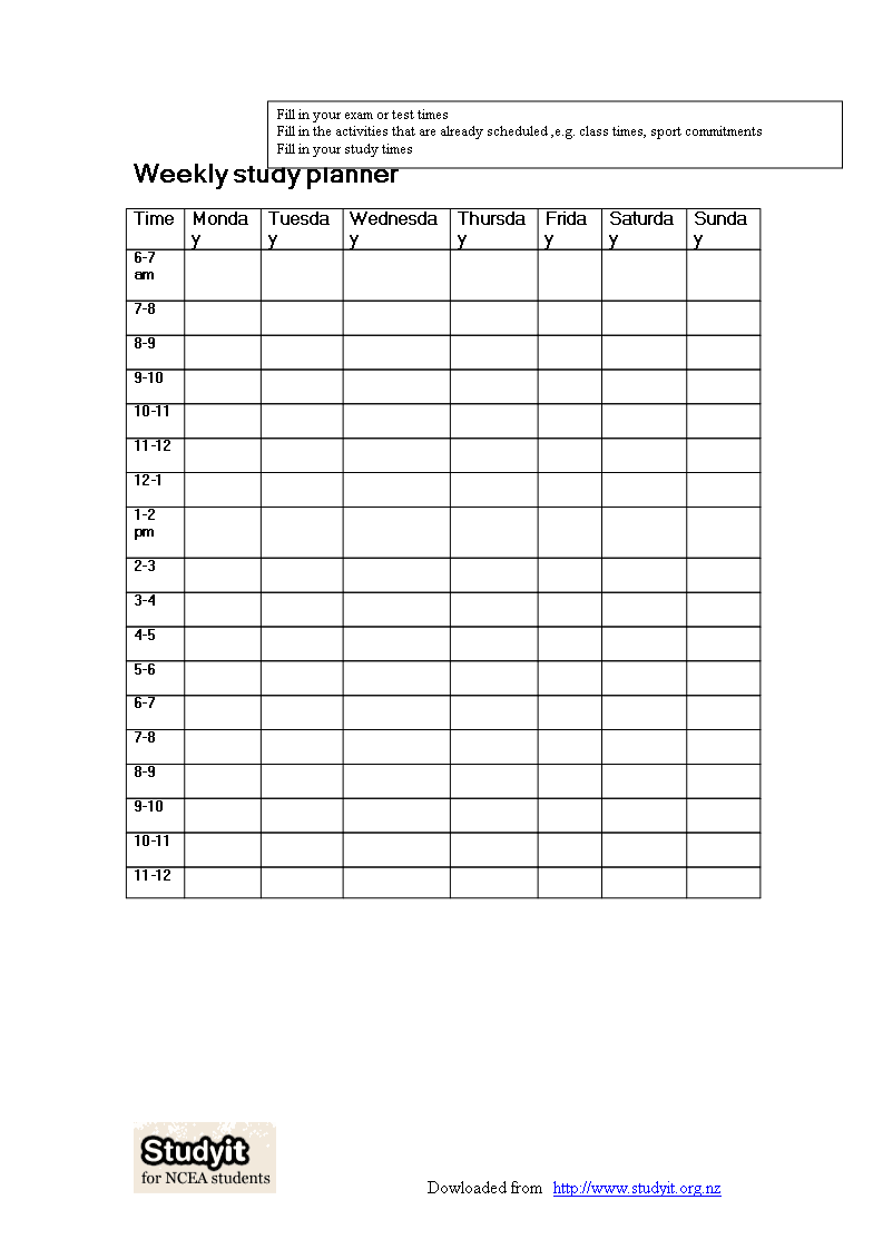 weekly study schedule Hauptschablonenbild