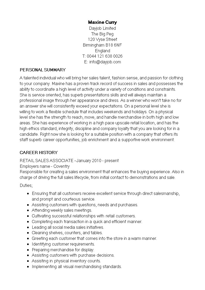 Senior Sales Associate Resume 模板