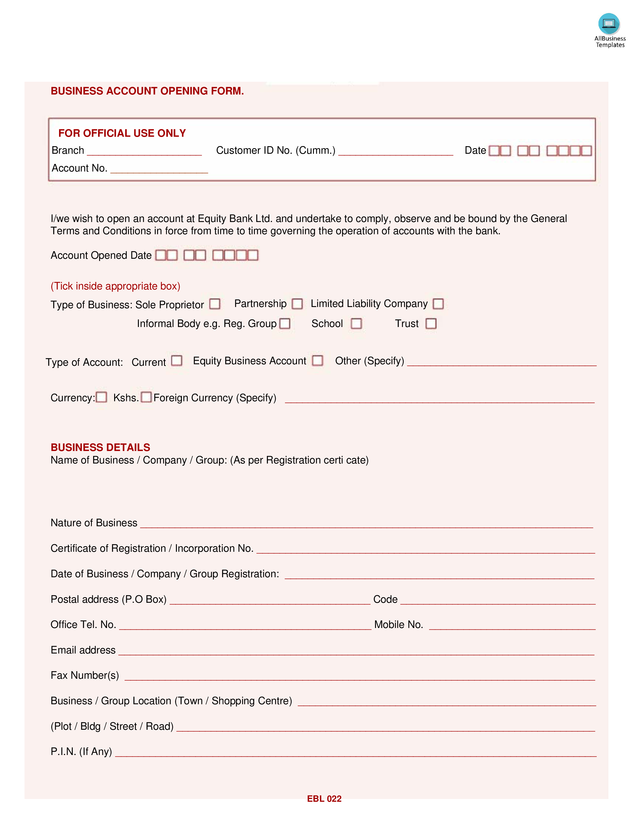 Kostenloses Business Account Form Regarding Business Information Form Template