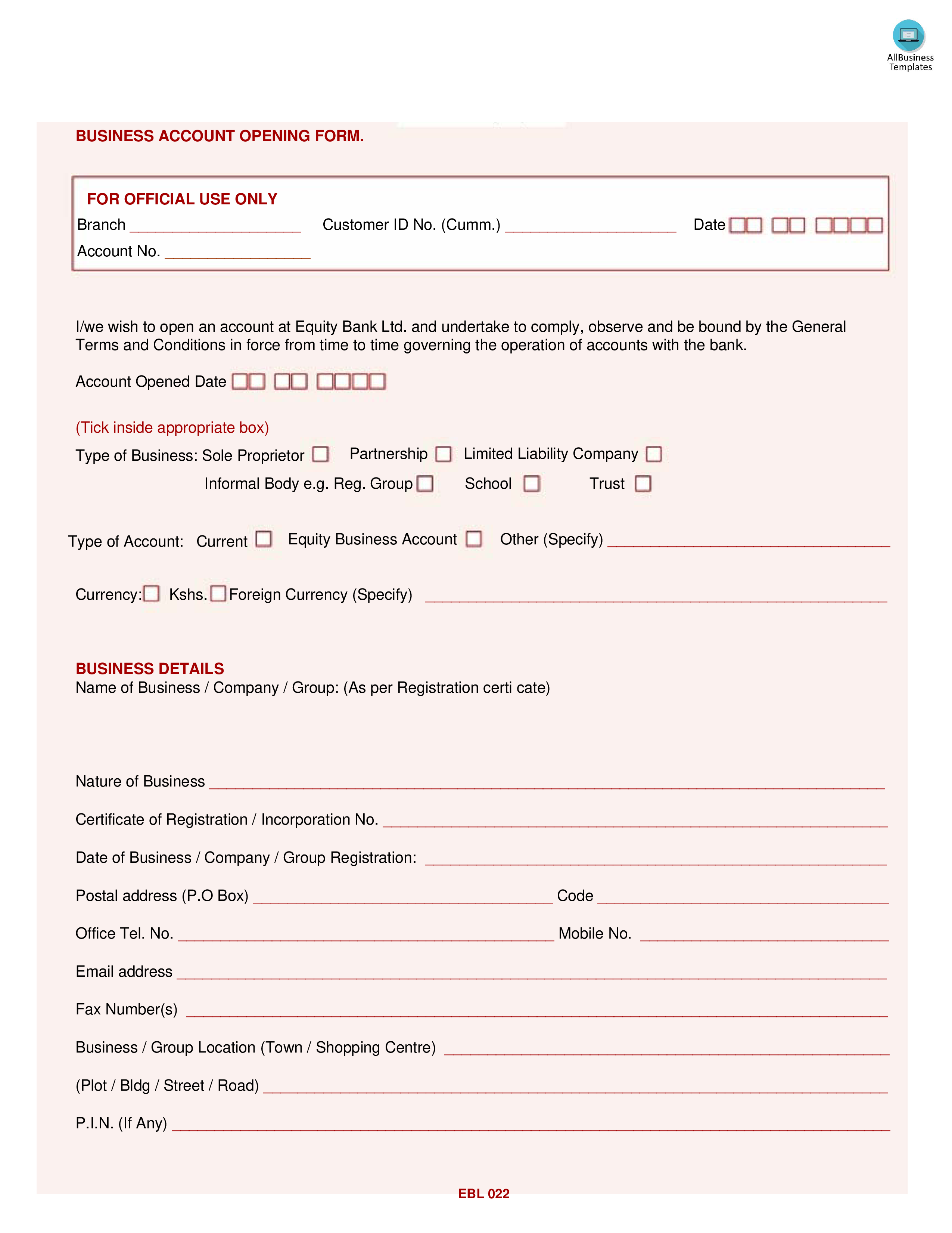 Kostenloses Business Account Form Regarding Business Information Form Template