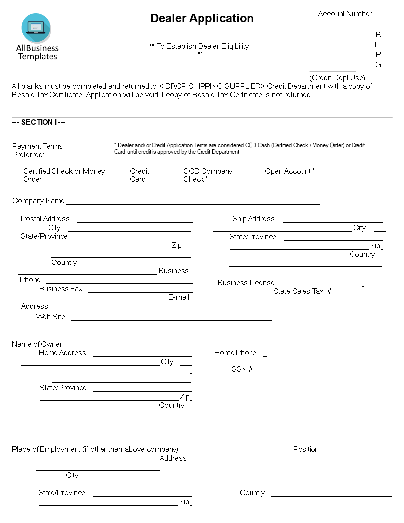 Drop Shipping Dealer Application Form 模板