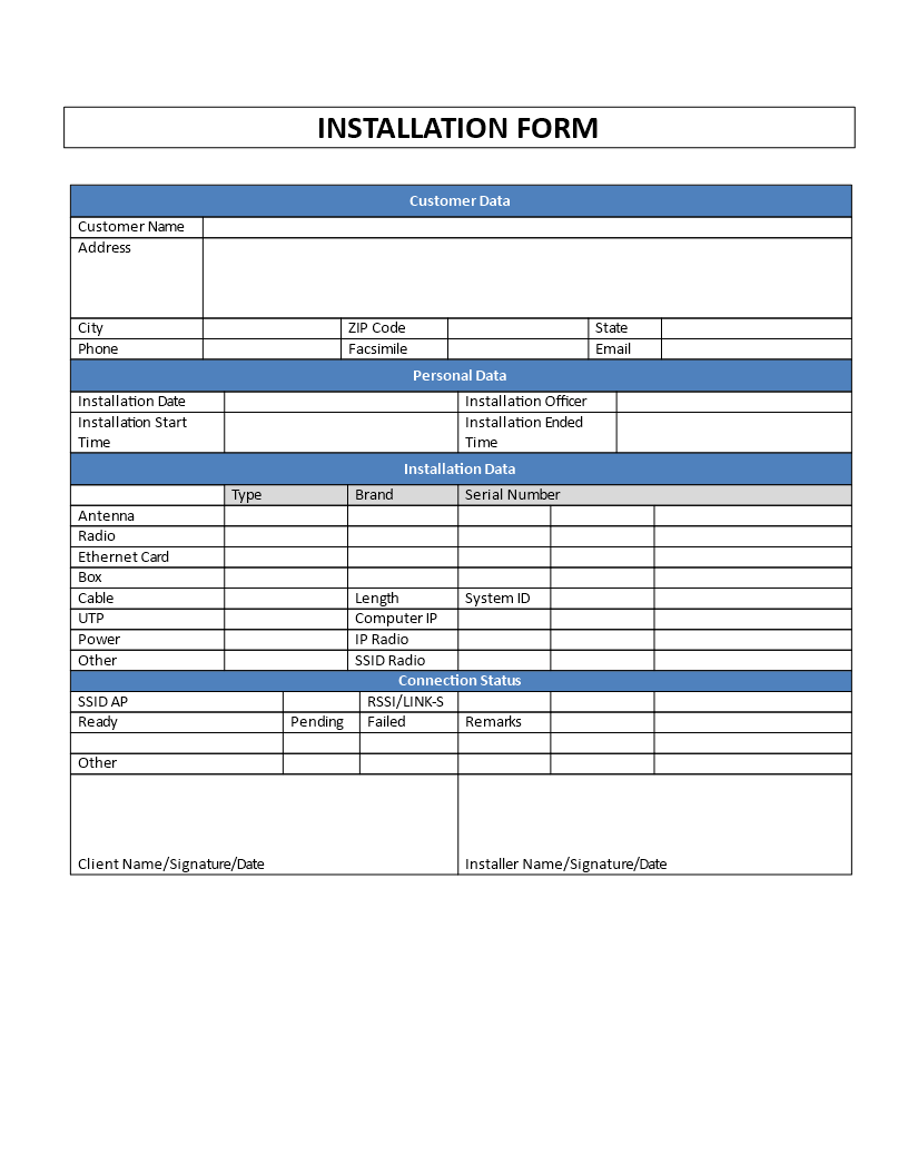 installation form template modèles