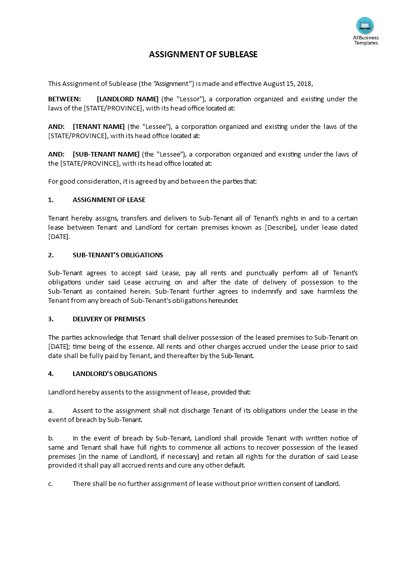 assignment of sublease modèles