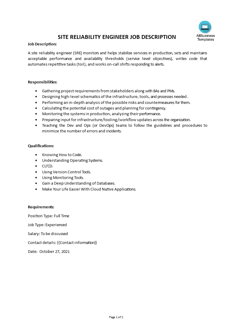 site reliability engineer job description modèles