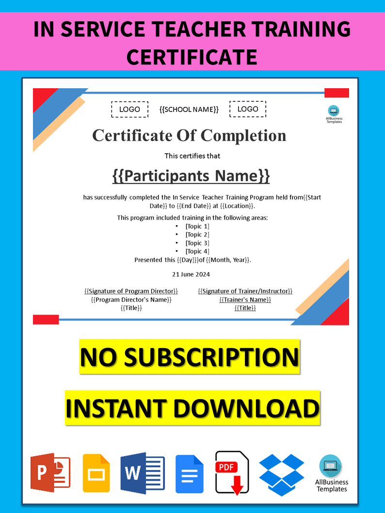 In Service Teacher Training Certificate 模板