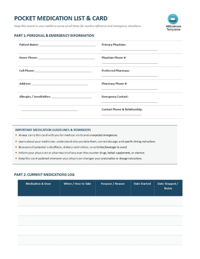 printable pocket medication list Hauptschablonenbild