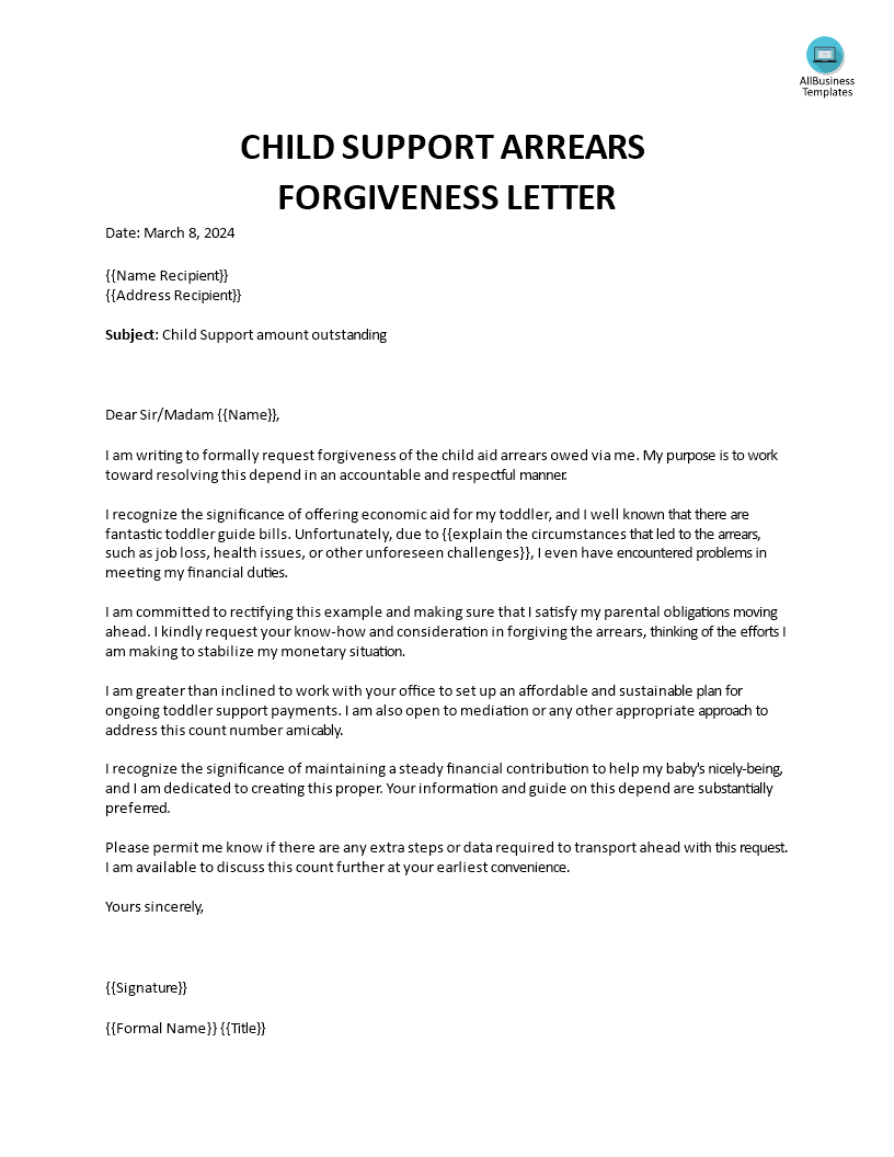 Child support arrears forgiveness letter 模板