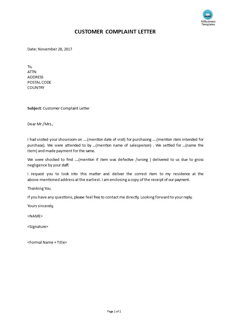 customer complaint letter plantilla imagen principal