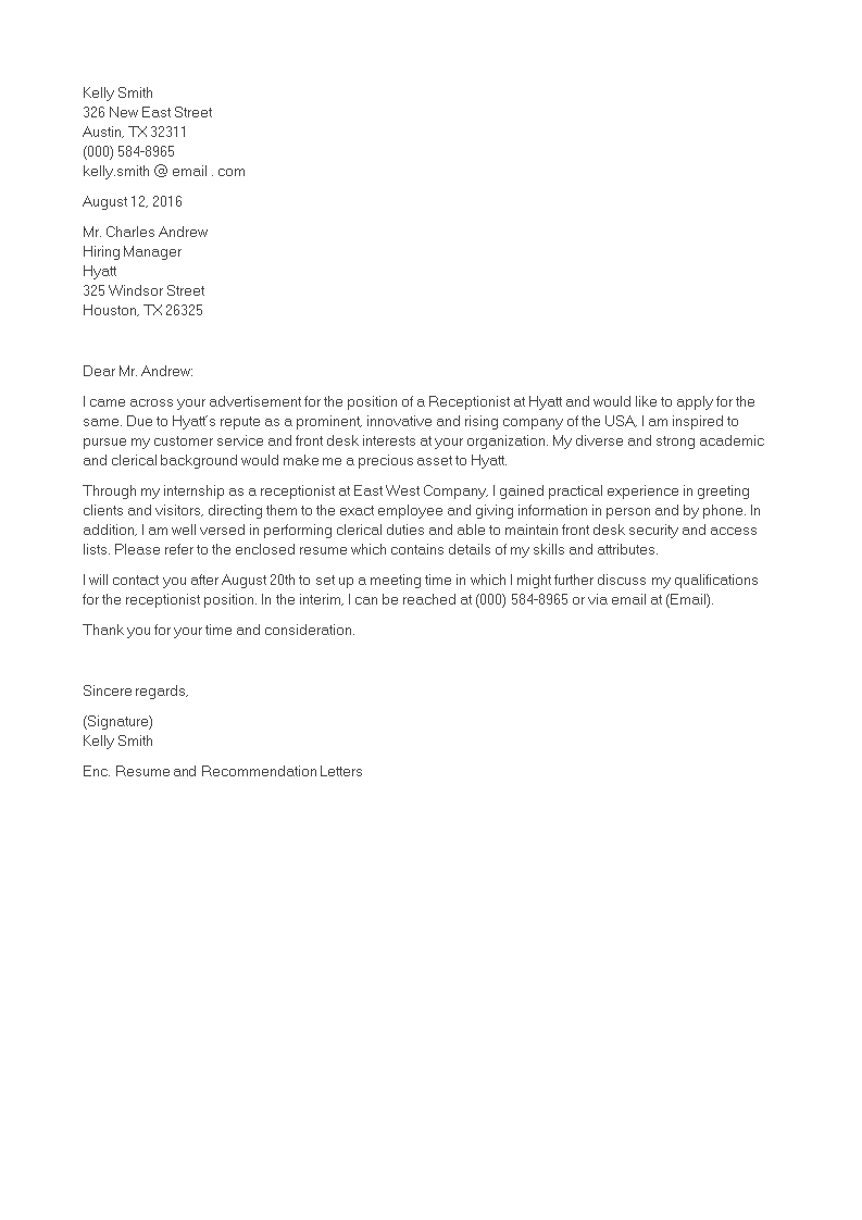 application letter of hotel receptionist