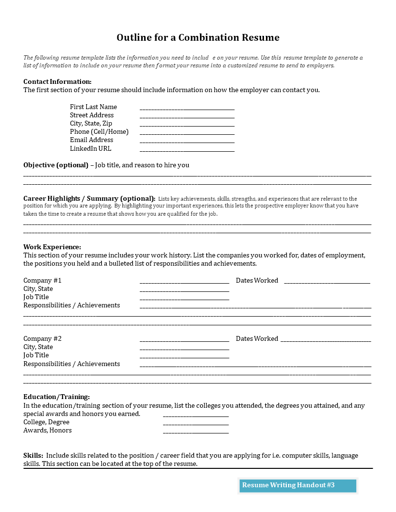 outline for a combination resume Hauptschablonenbild