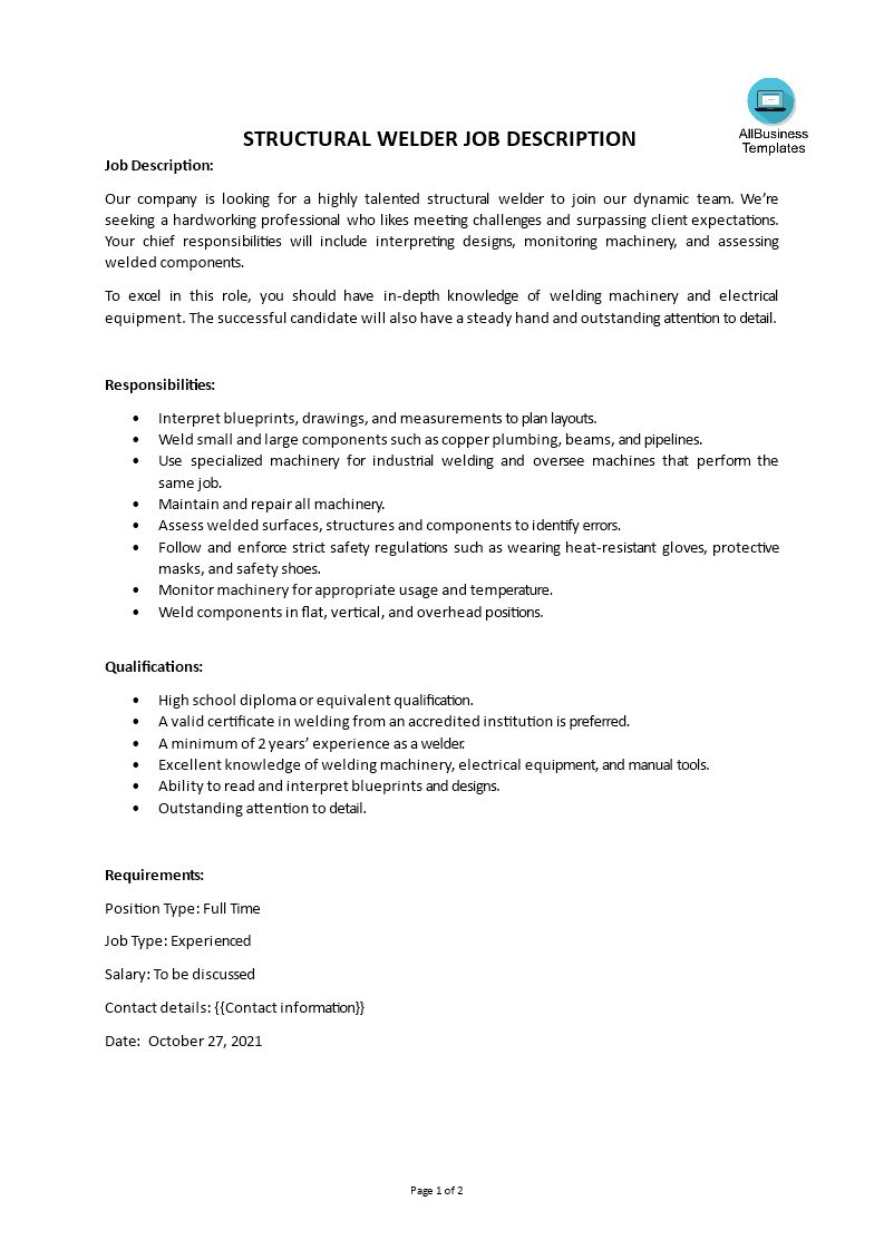 structural welder job description voorbeeld afbeelding 