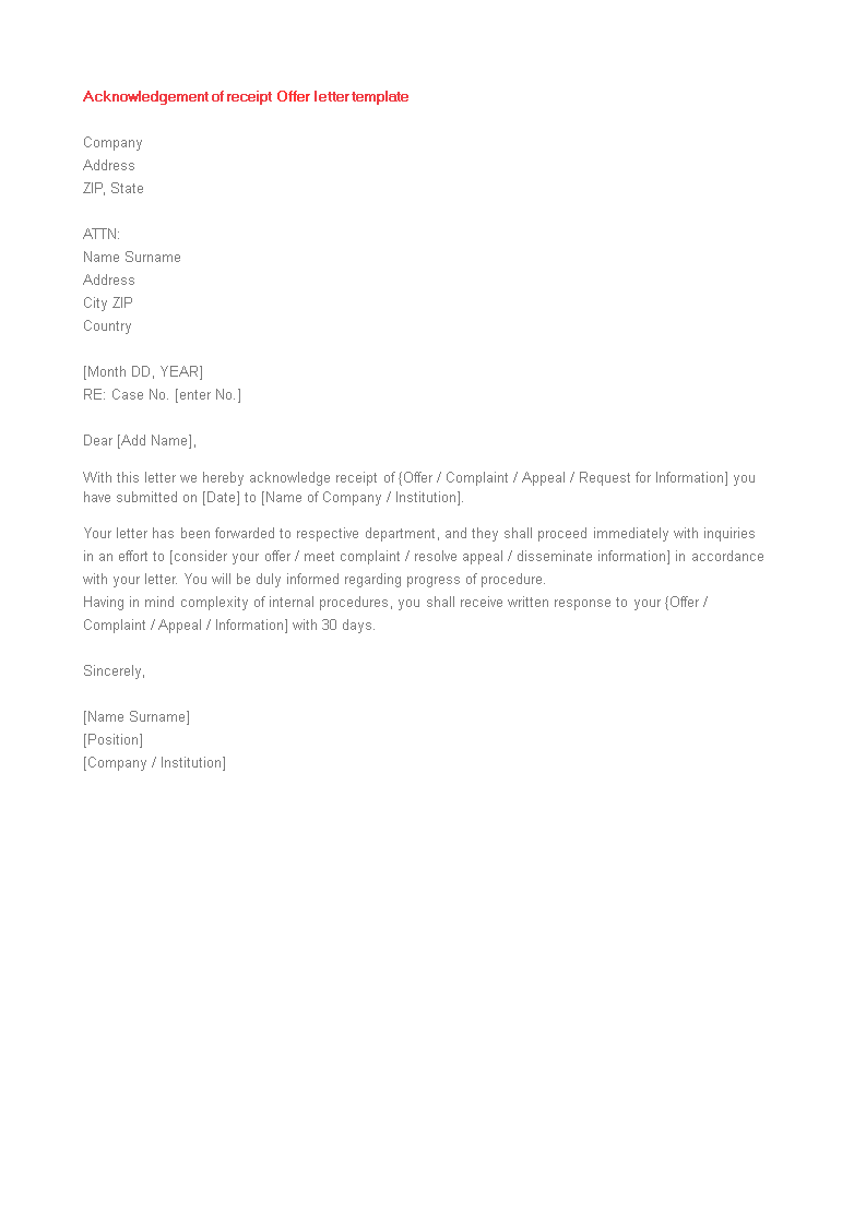 offer receipt acknowledgement letter template
