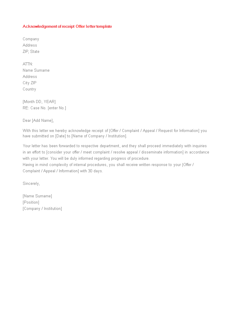 Offer Receipt Acknowledgement Letter main image