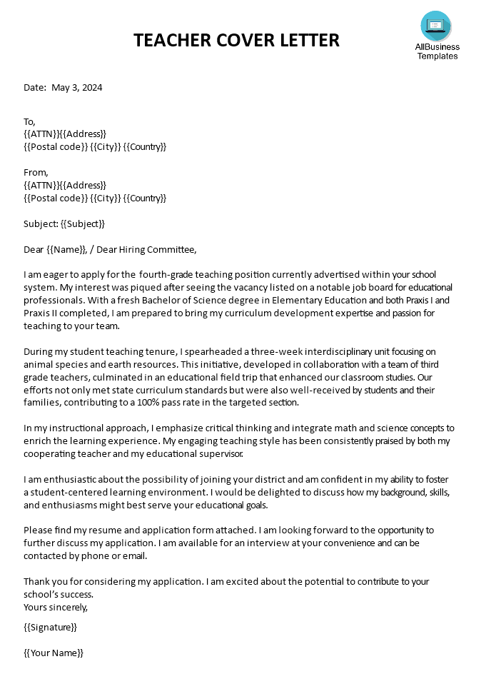 cover letter for teacher Hauptschablonenbild