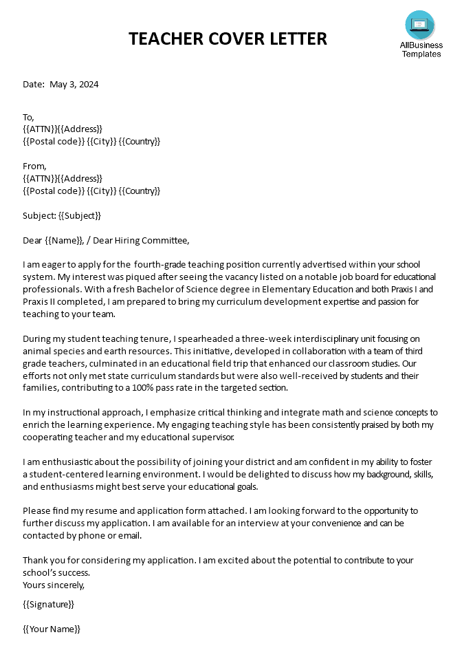 cover letter for teacher modèles