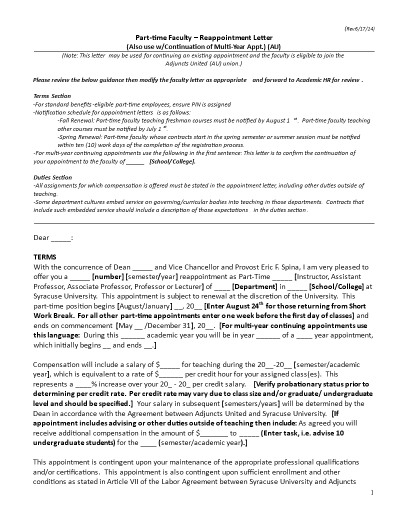 part time faculty appointment letter template