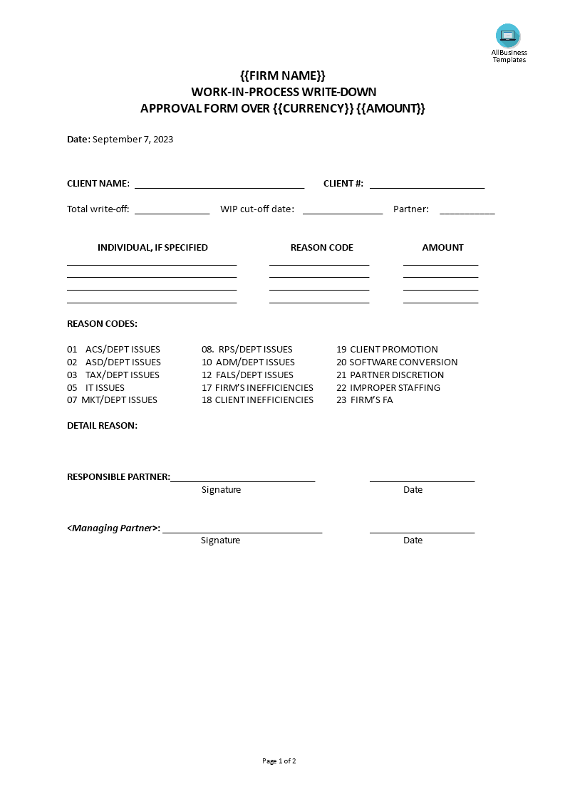 ledger write down approval form template