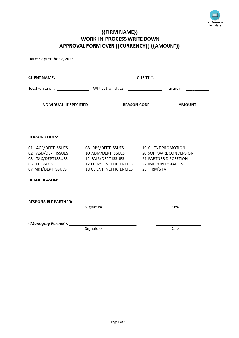 Ledger Write Down Approval Form 模板