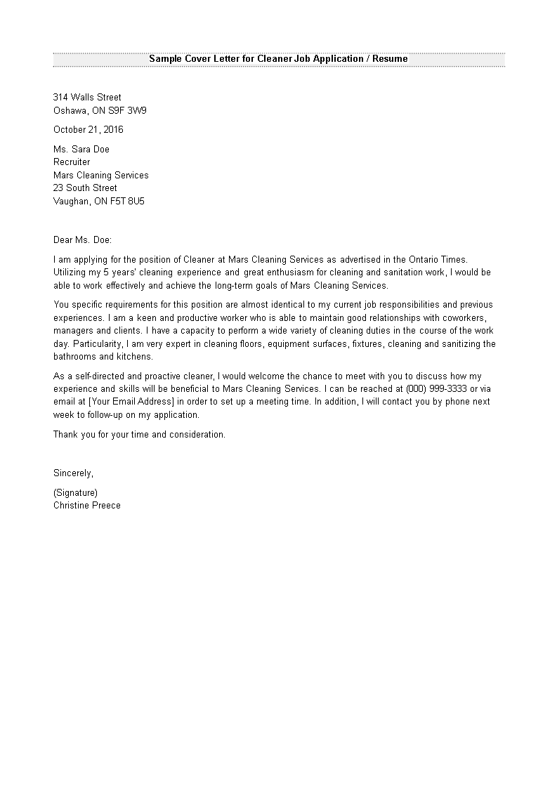 Kostenloses Cleaning Job Application Letter