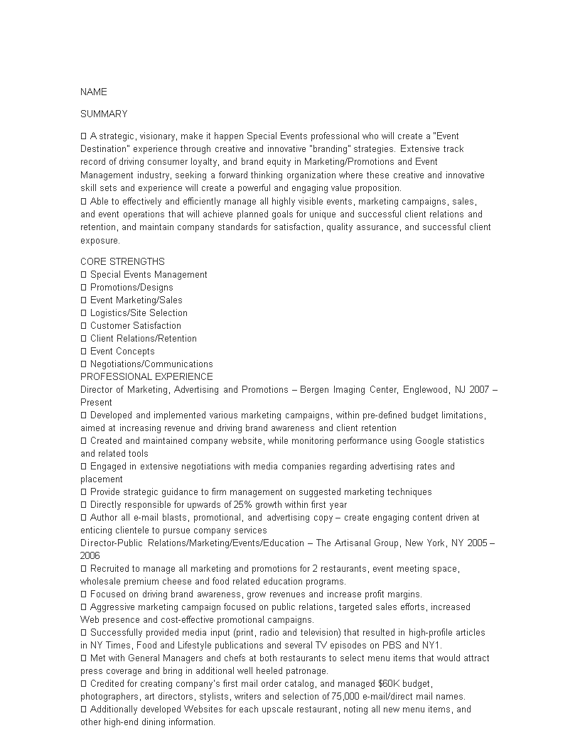 Event Marketing Specialist Resume main image