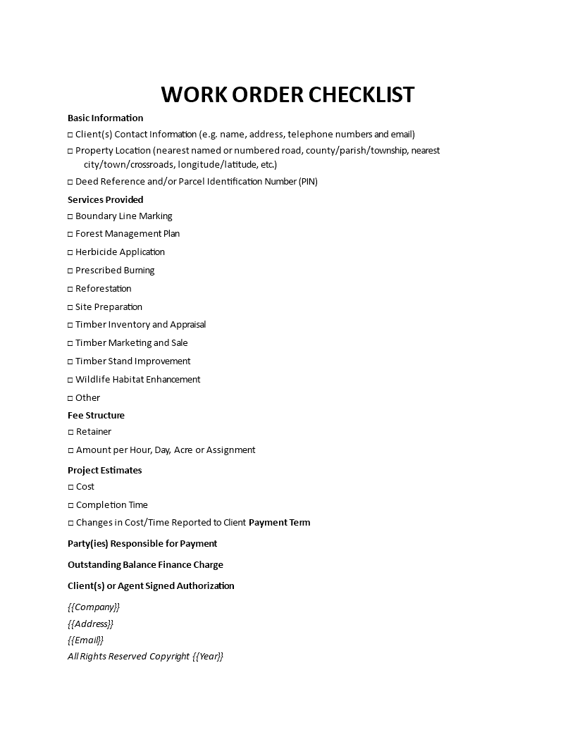 work order checklist template modèles
