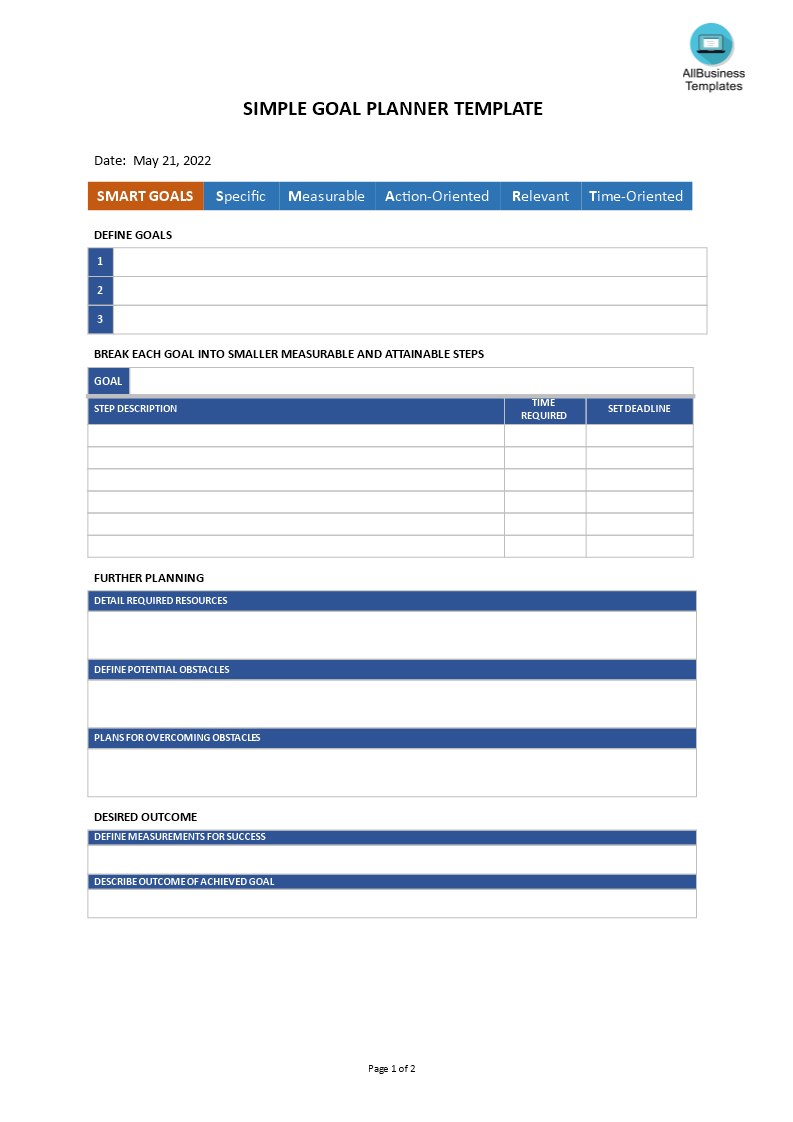 simple goal planner template template